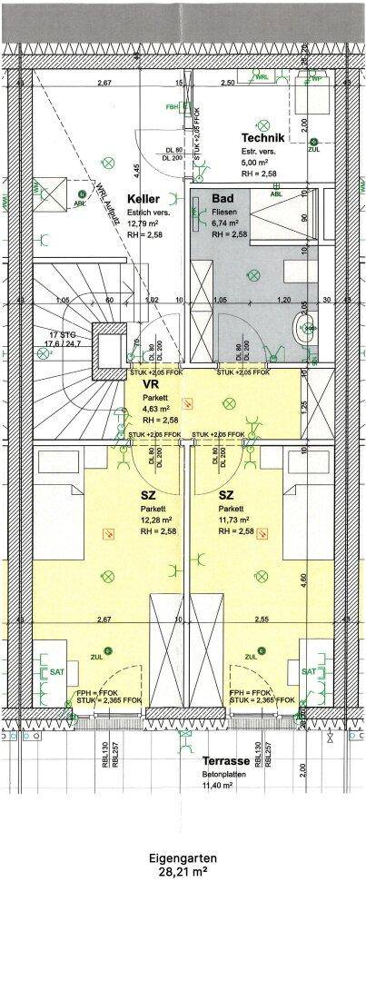 Grundriss des Untergeschosses mit weiteren Zimmern, Bad, Keller und Zugang zum Garten.