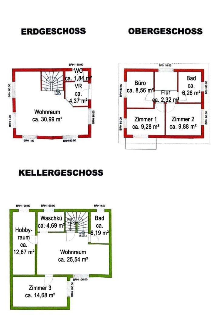 Grundrisspläne für Erdgeschoss, Obergeschoss und Kellergeschoss mit Raumaufteilung.