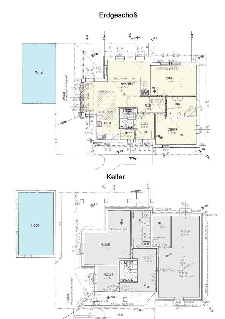 Grundriss des Erdgeschosses und Kellers mit Raumaufteilung und Poolbereich.