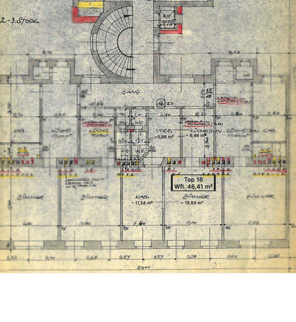 Detaillierter Grundriss einer Wohnung mit 46,41 m² Wohnfläche, inklusive Raumaufteilung und Maßen.