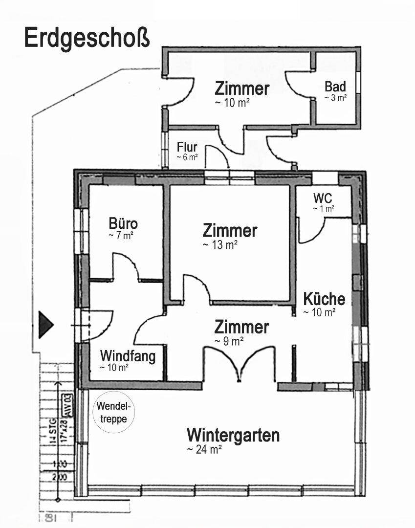 Grundriss des Erdgeschosses mit Wintergarten, Küche, Bad und mehreren Zimmern.