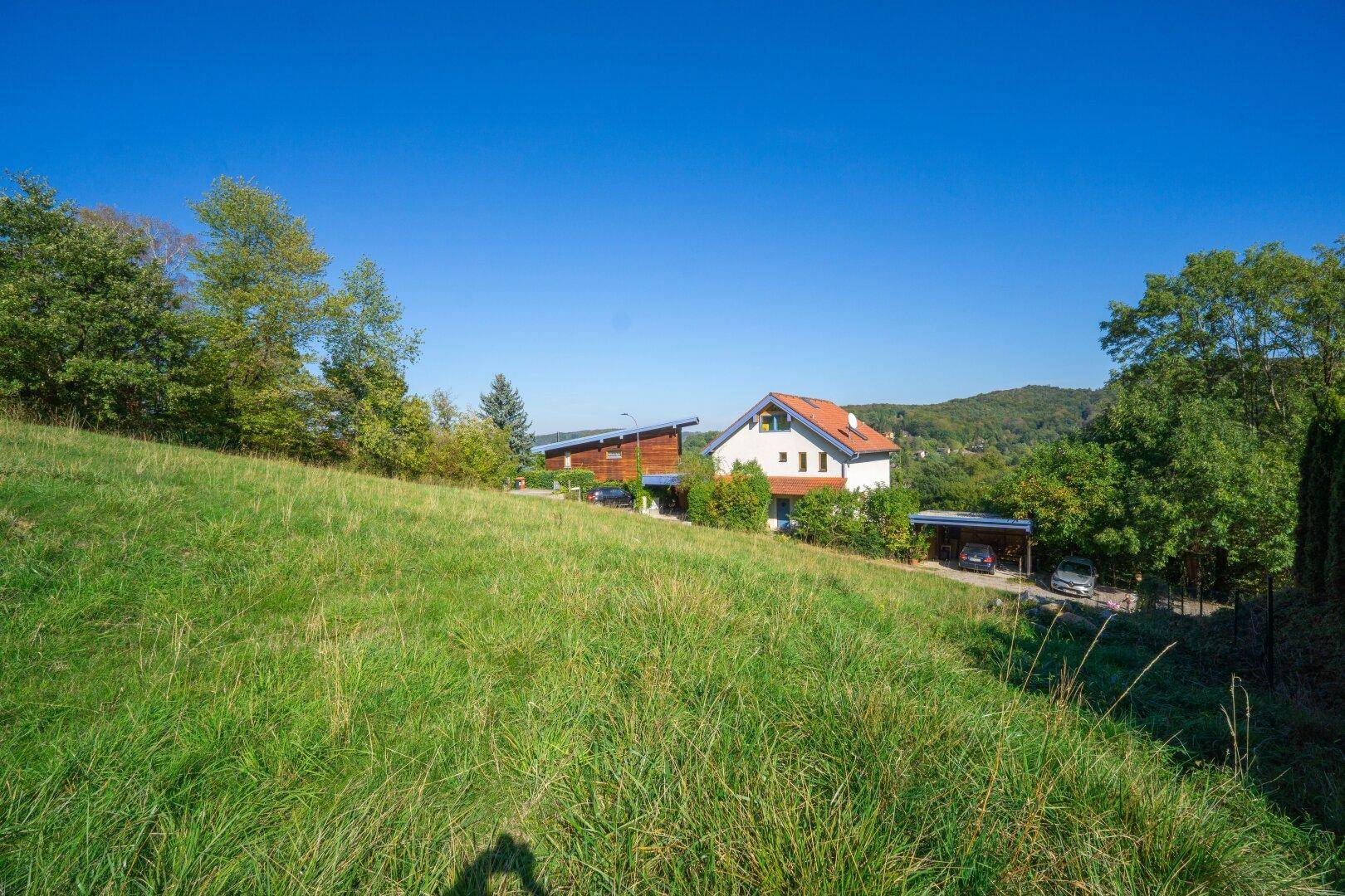 Grünes Grundstück mit Blick auf ein Wohnhaus und Carport, umgeben von Bäumen und sanften Hügeln.