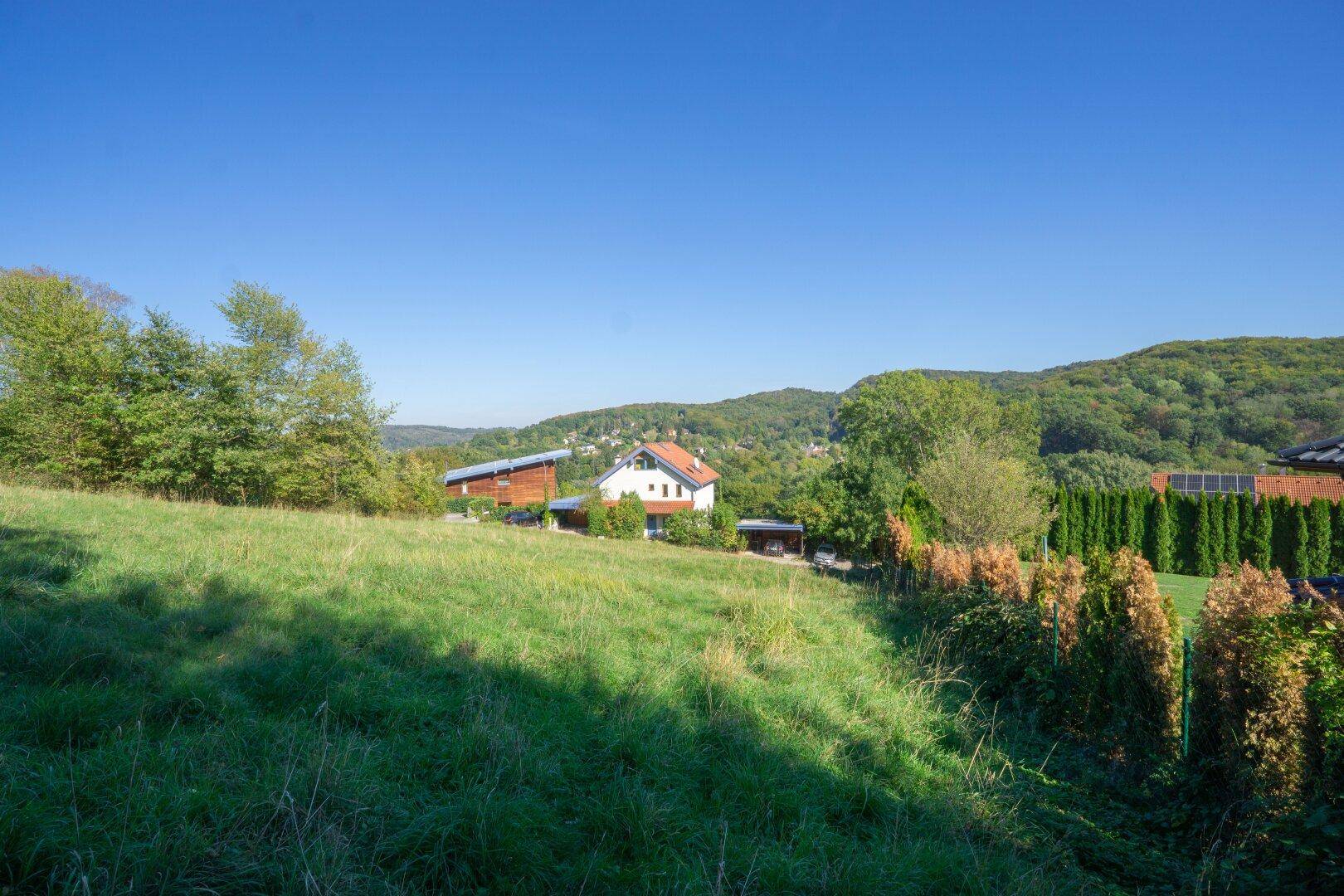 Weitläufiges grünes Grundstück mit Blick auf Häuser und die umliegende bewaldete Hügellandschaft im Sonnenschein.