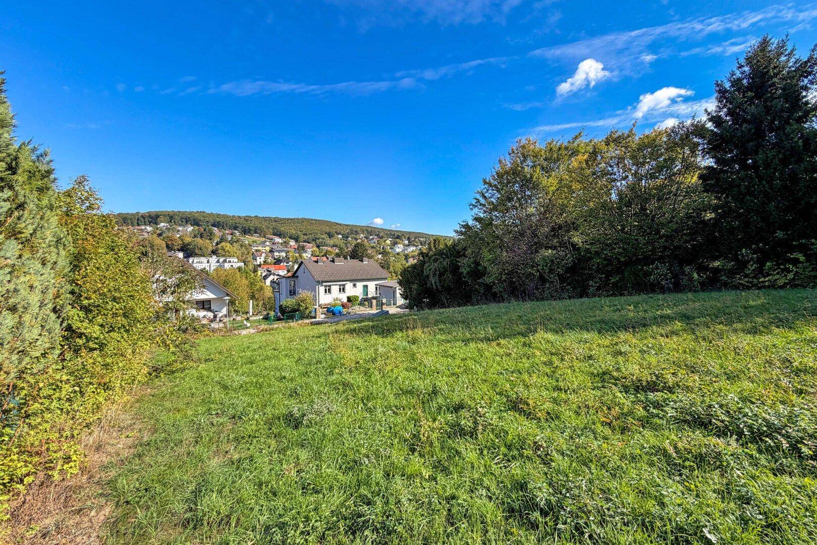 Weitläufige grüne Wiese mit Blick auf umliegende Häuser und bewaldete Hügel unter blauem Himmel.