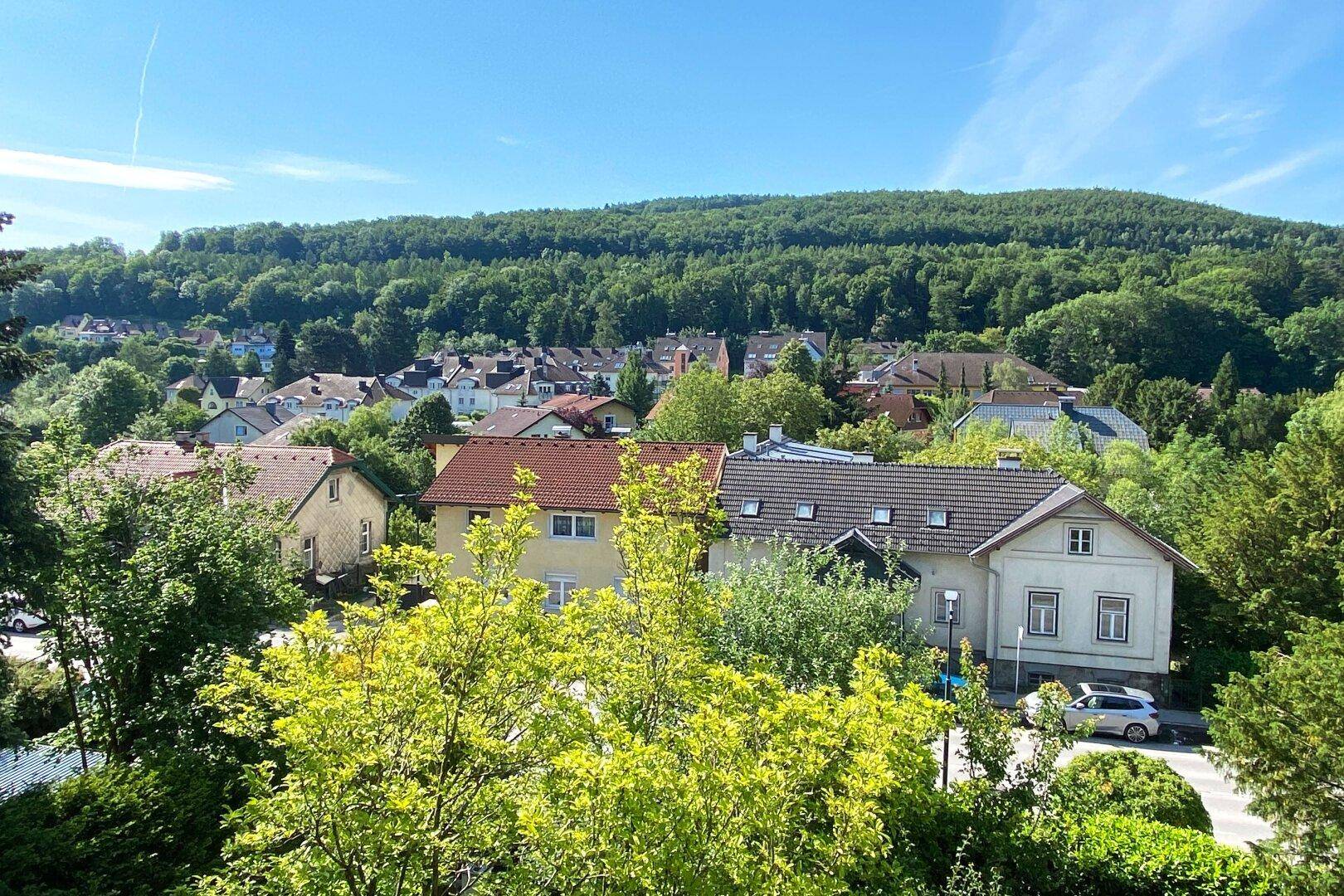 Panoramablick über eine Wohnsiedlung mit grünen Hügeln und Wäldern im Hintergrund.