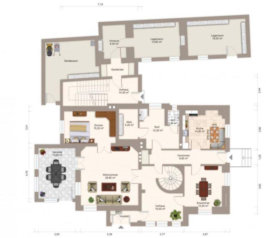 Detaillierter Grundriss mit mehreren Zimmern, Veranda und Lagerräumen, inklusive Maßen.