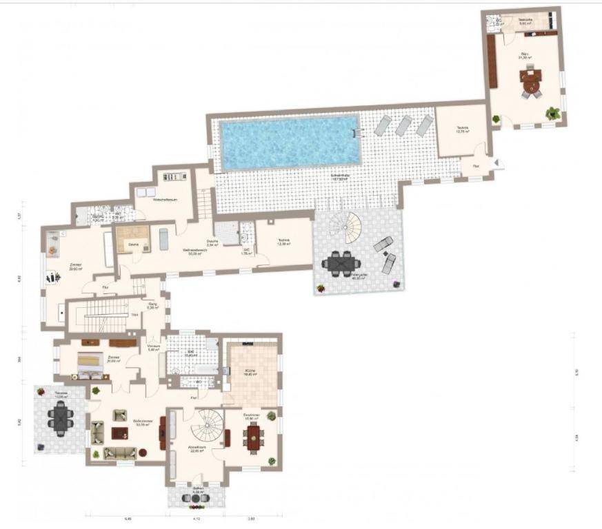 Umfassender Grundrissplan eines luxuriösen Anwesens mit mehreren Terrassen, großem Pool, Sauna und Fitnessraum.