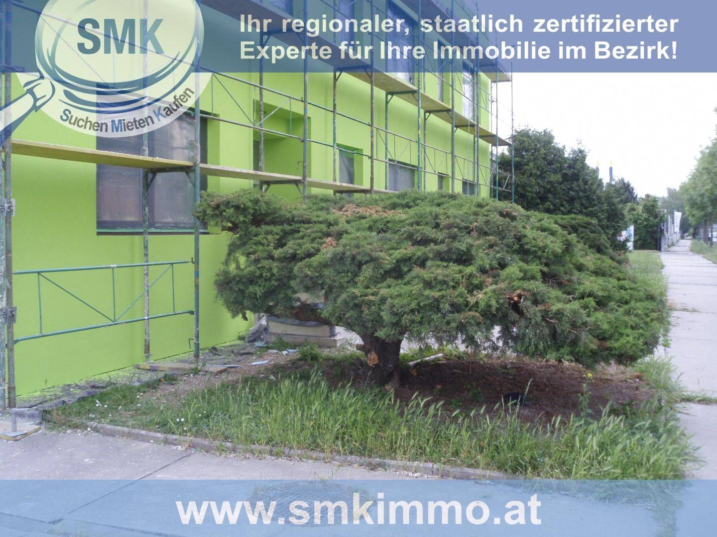 Außenansicht eines Gebäudes mit Gerüst und frisch gestrichener grüner Fassade, umgeben von Vegetation.