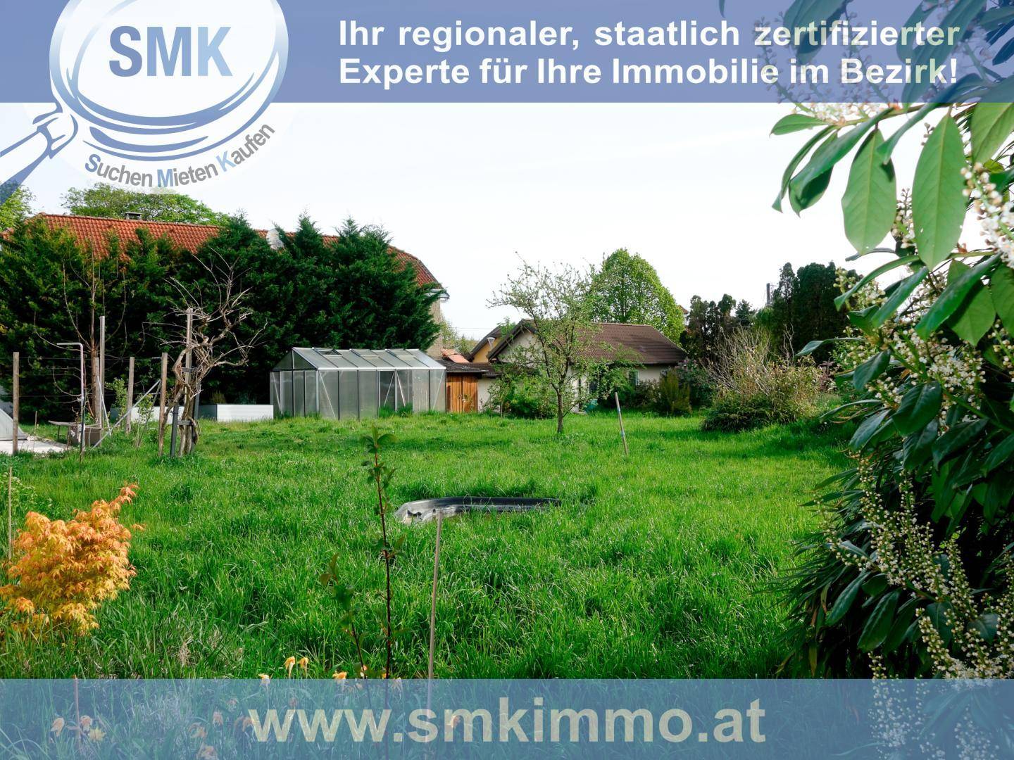 Großer, naturbelassener Garten mit Rasen, Bäumen und einem Gewächshaus im Hintergrund.
