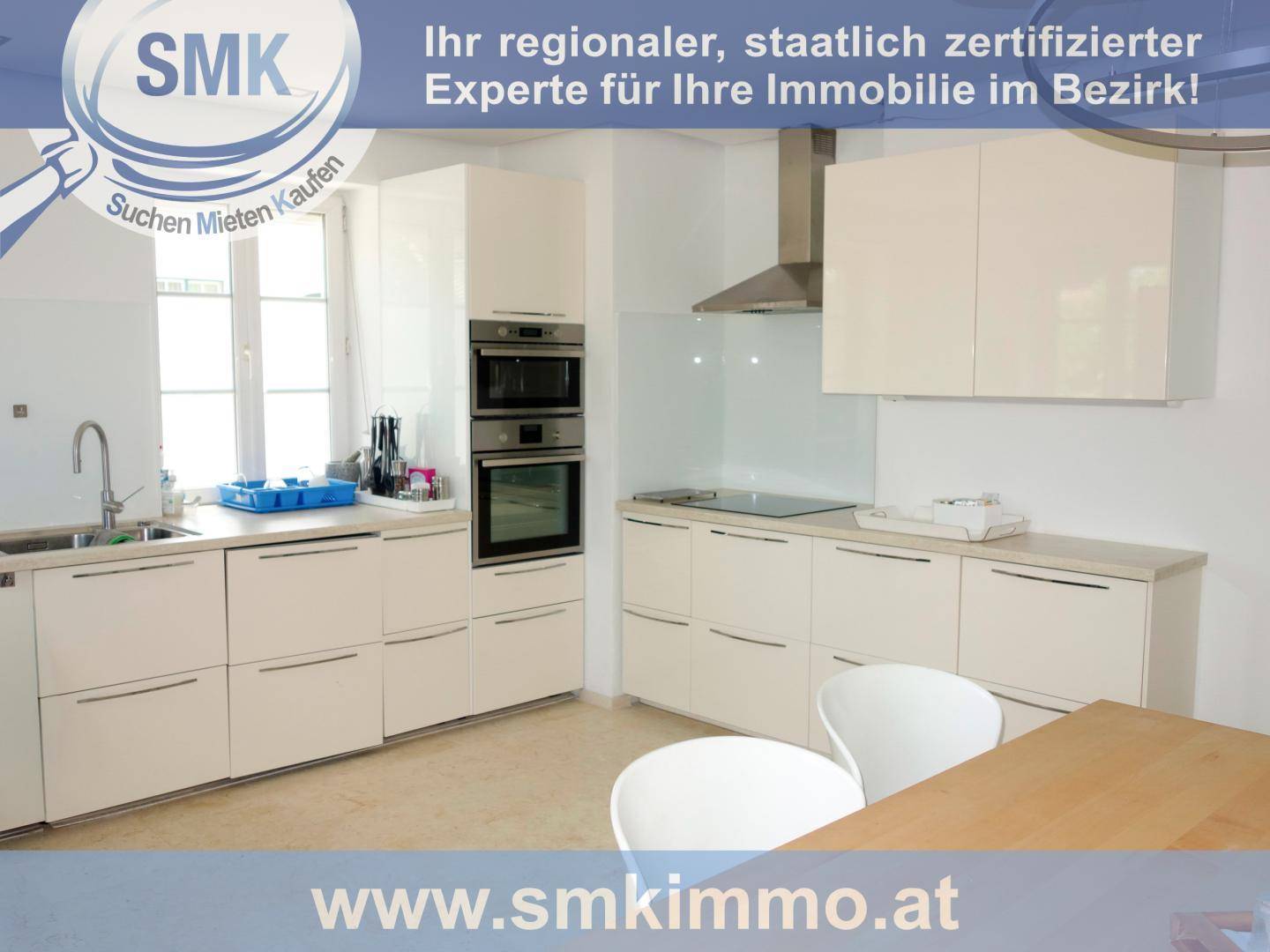 Moderne weiße Küche mit Hochglanzfronten, integrierten Geräten und hellem Fenster.