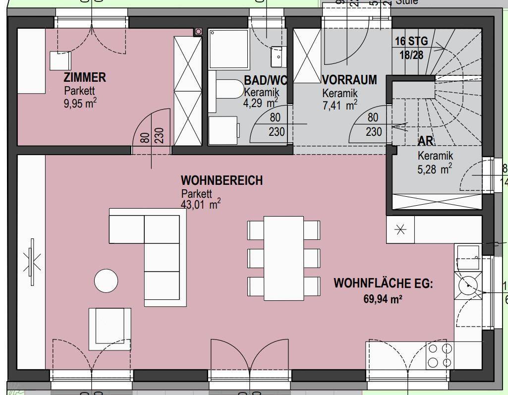 Grundriss des Erdgeschosses mit offenem Wohnbereich, Küche, Bad und einem Zimmer.