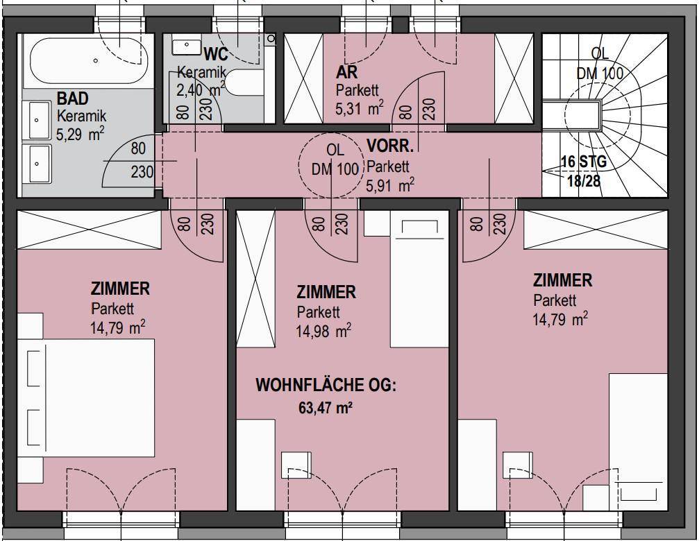 Grundriss des Obergeschosses mit drei Schlafzimmern, Bad, separatem WC und Abstellraum.