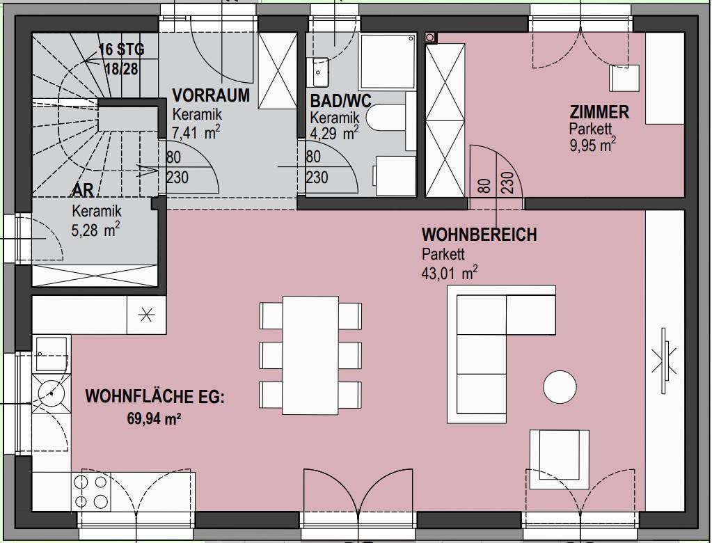 Grundriss des Erdgeschosses mit offenem Wohnbereich, Küche und einem Zimmer.