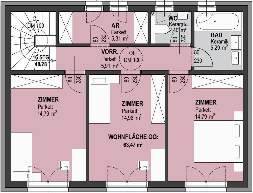 Grundriss des Obergeschosses mit drei Schlafzimmern, zwei Bädern und separatem WC.