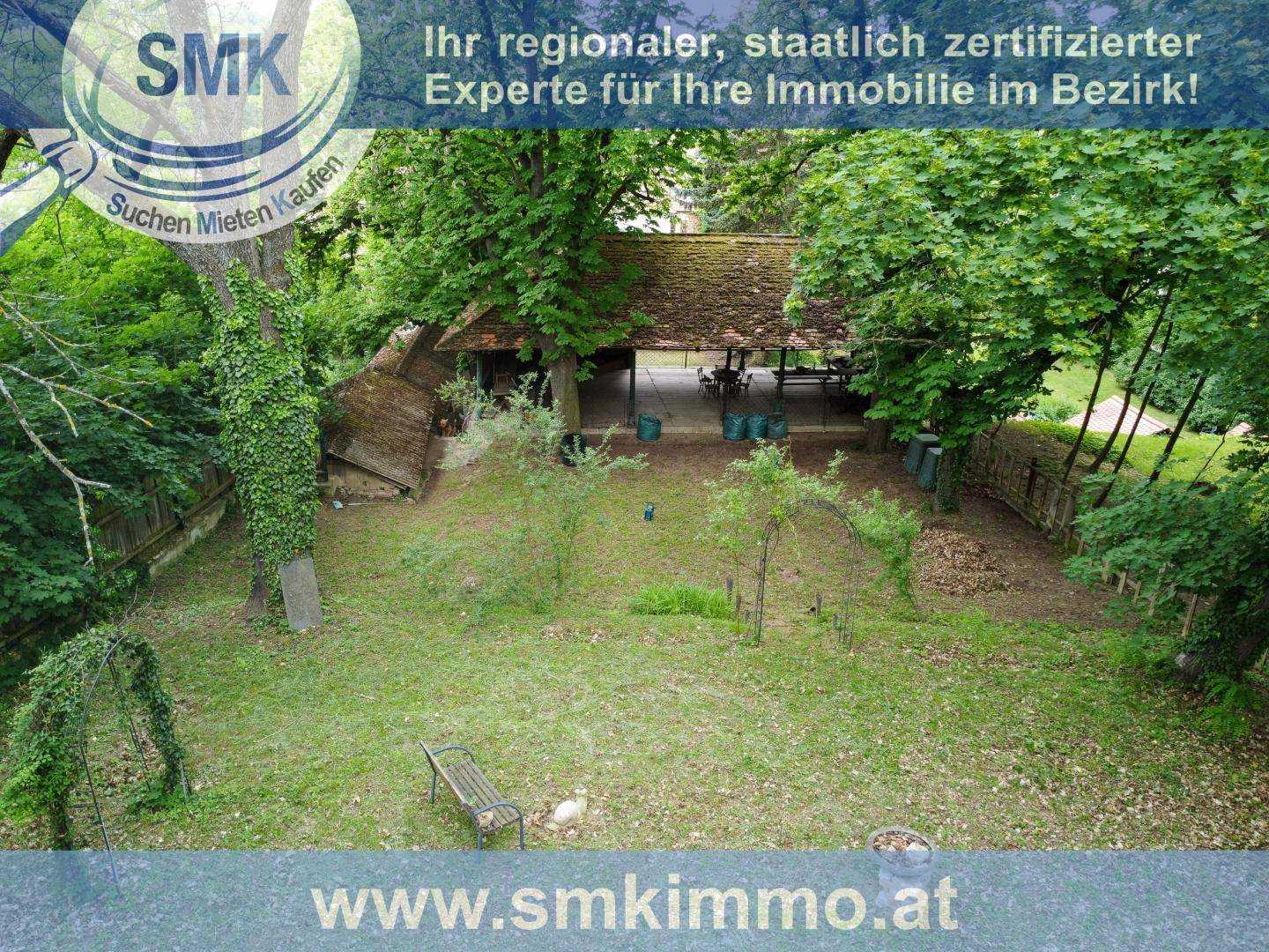 Überblick über das große Gartengrundstück mit Rasen und einem Gebäude im Hintergrund.