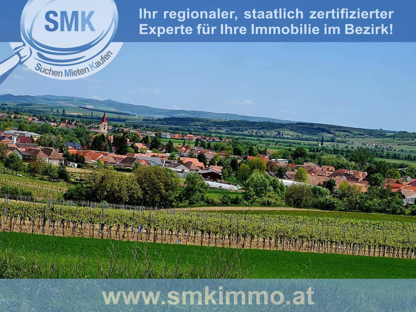 Weitläufiger Blick über Weinberge und eine malerische Dorflandschaft unter blauem Himmel.