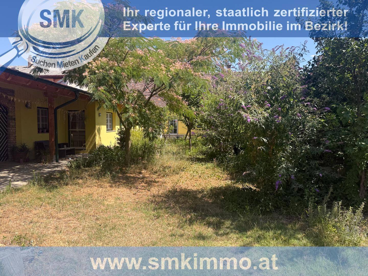 Weitläufiger, naturbelassener Gartenbereich mit üppiger Vegetation und Blick auf das Haus.