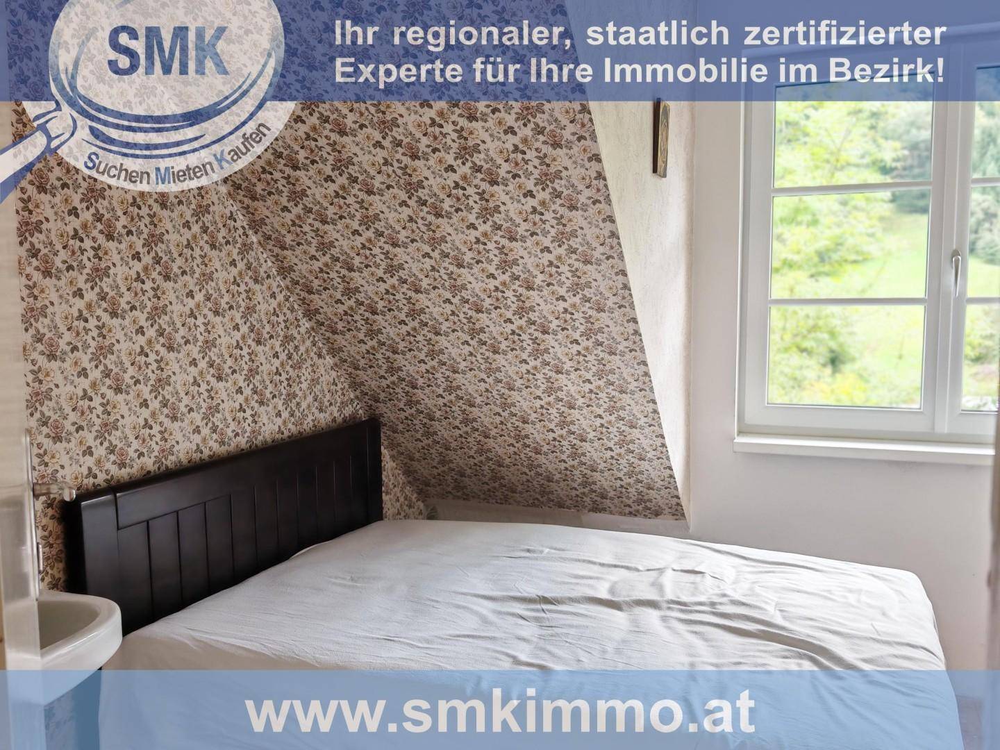Schlafzimmer mit schräger Decke, gemusterter Tapete und Fenster mit Blick ins Grüne.