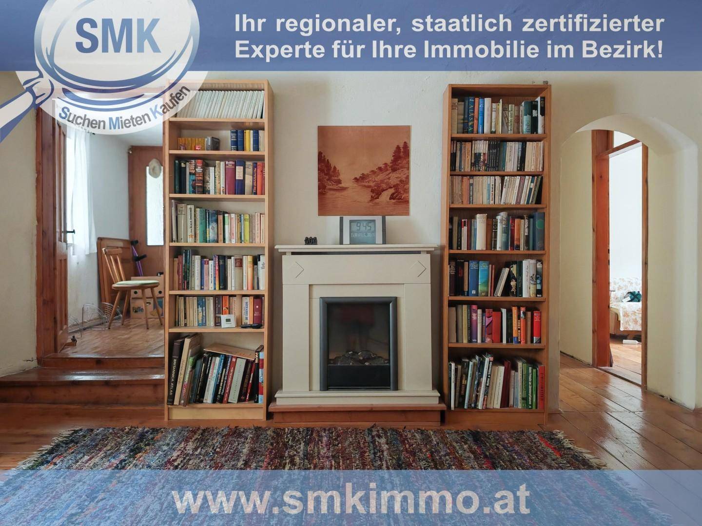 Gemütlicher Wohnbereich mit Kamin, Bücherregalen und einem Teppich, der Wärme ausstrahlt.