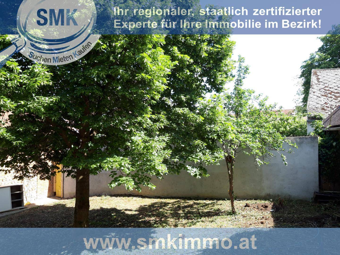 Grüner Gartenbereich mit mehreren Bäumen und einer hohen Mauer im Hintergrund.