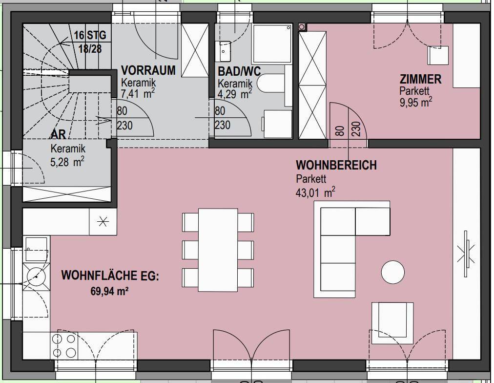 Grundriss des Erdgeschosses mit Wohnbereich, Zimmer, Bad und Vorraum, inklusive Treppe.