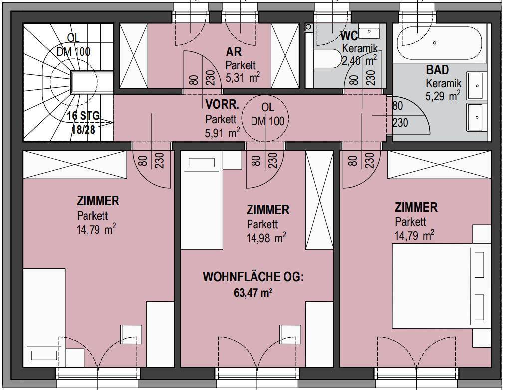 Grundriss des Obergeschosses mit drei Zimmern, Bad, WC und Vorraum, inklusive Treppe.