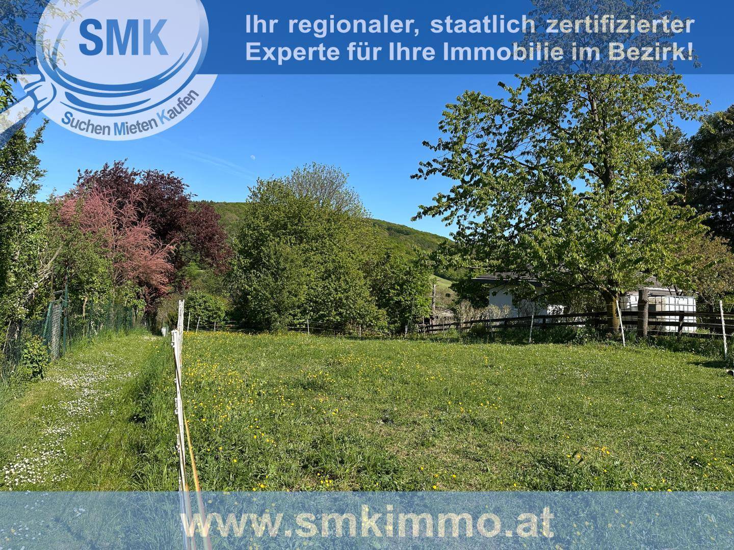 Idyllisches Grundstück mit weiten Grünflächen, Bäumen und Blick auf die umliegende Landschaft.