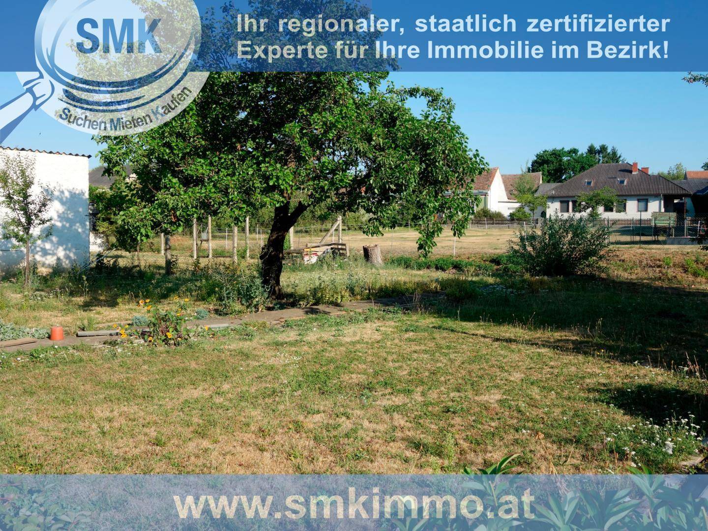 Ländliches Gartengrundstück mit hohem Gras, Bäumen und Häusern in der Ferne.