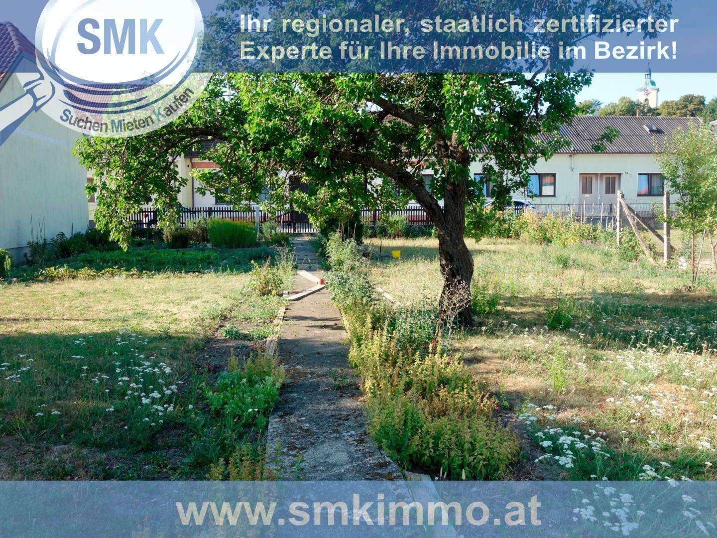 Gartengrundstück mit einem alten Baum, einem Pfad und Häusern in ländlicher Umgebung.