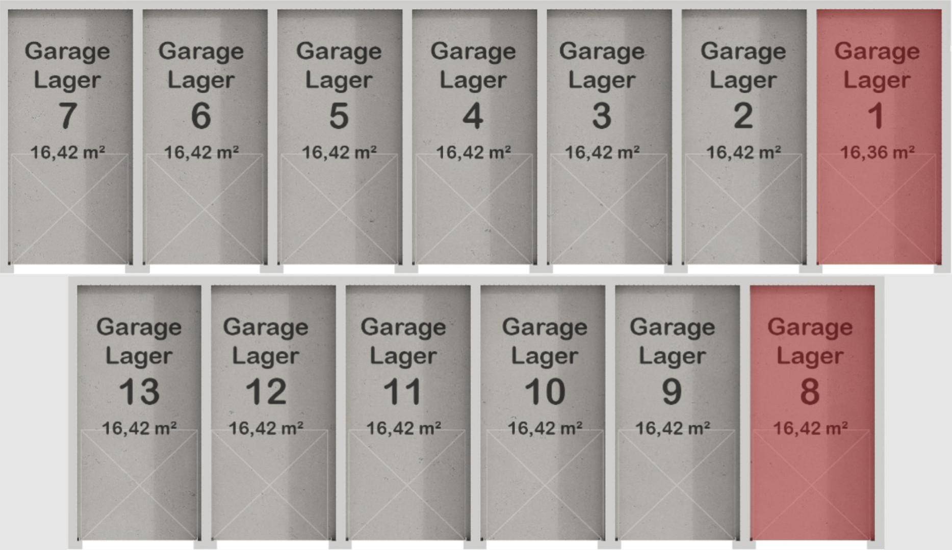 Grundrissplan der Garagenlager 1-13 mit einheitlichen Größen und Zugangsbereichen.