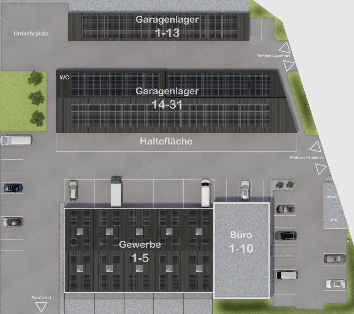 Übersichtsplan der Gewerbeanlage mit Garagenlagern, Büros und Parkflächen.