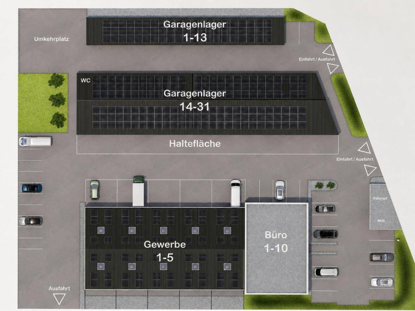 Übersichtsplan des Gewerbeparks mit Büro-, Gewerbe- und Garagenlagereinheiten.