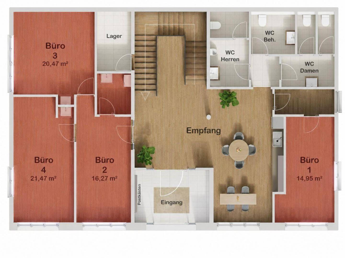 Grundriss einer Büroetage mit Empfangsbereich, mehreren Büros und getrennten Toiletten.