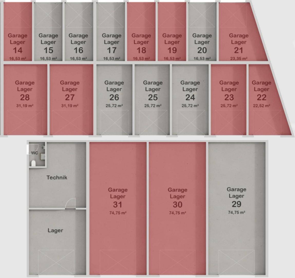 Detaillierter Grundriss der Garagenlager-Einheiten 14 bis 31 mit Größenangaben in Quadratmetern.