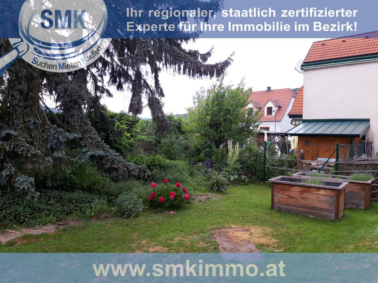 Gepflegter Garten mit Rasenfläche, Blumenbeeten und Hochbeeten für den Anbau von Pflanzen.