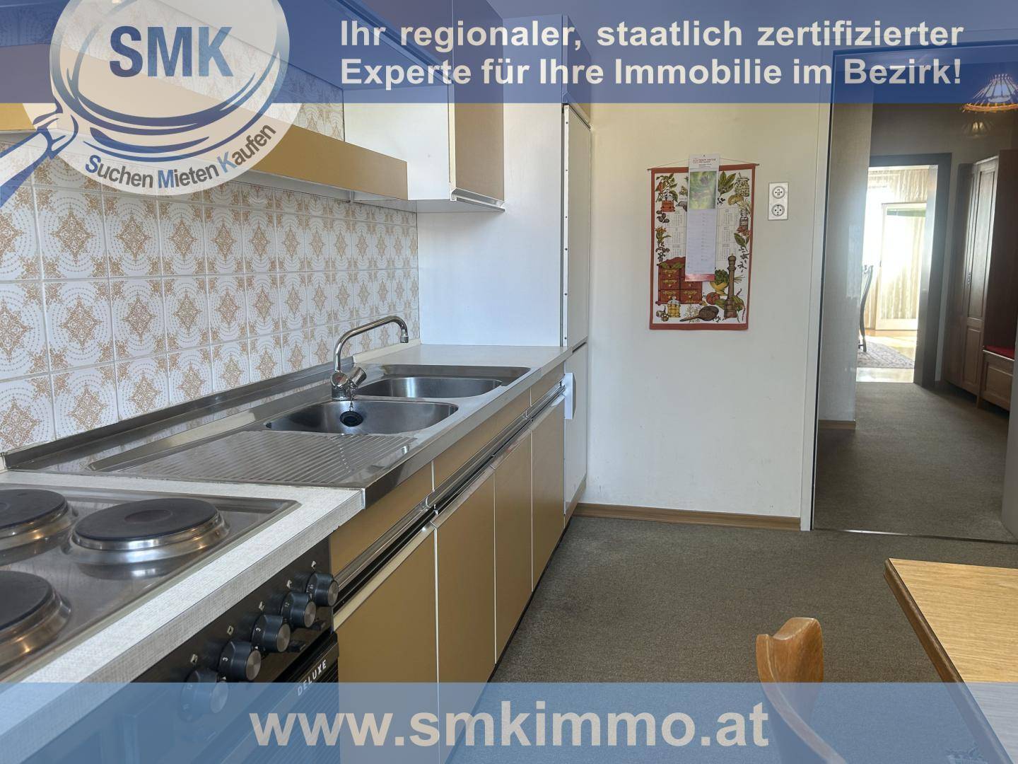 Küchenzeile mit Doppelspüle, Elektroherd und gemusterten Wandfliesen in einem funktionalen Stil.