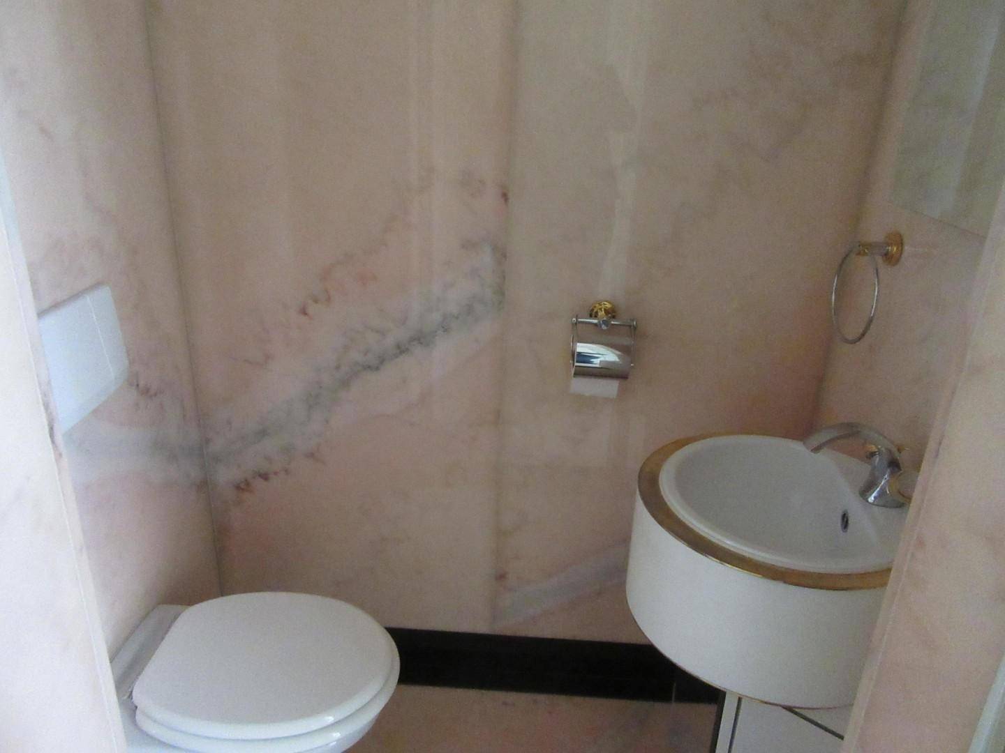 Kleines Gäste-WC mit Toilette, Waschbecken und Wänden in Marmoroptik.