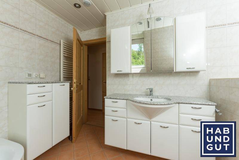 Badezimmer mit Waschtisch, Spiegelschrank und beheiztem Handtuchhalter.