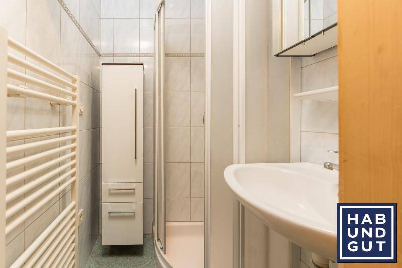 Kleines Badezimmer mit Duschkabine, Waschbecken und beheiztem Handtuchhalter.