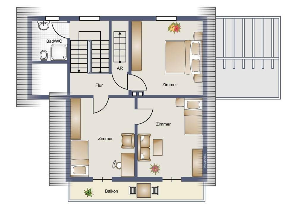 Grundriss des Obergeschosses mit Schlafzimmern, Bad und einem Balkon.