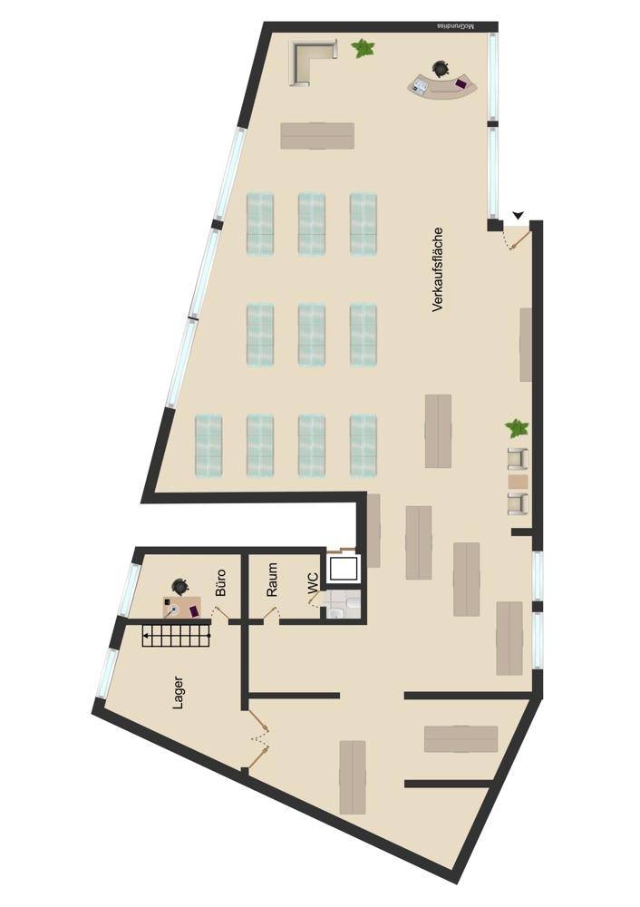 Grundriss einer Gewerbefläche mit großem Verkaufsbereich, Büro, Lager und Sanitäranlagen.
