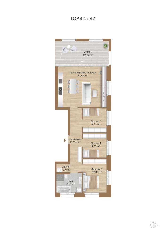 Grundriss einer Wohnung mit offenem Wohnbereich, drei Zimmern, Bad und Loggia.