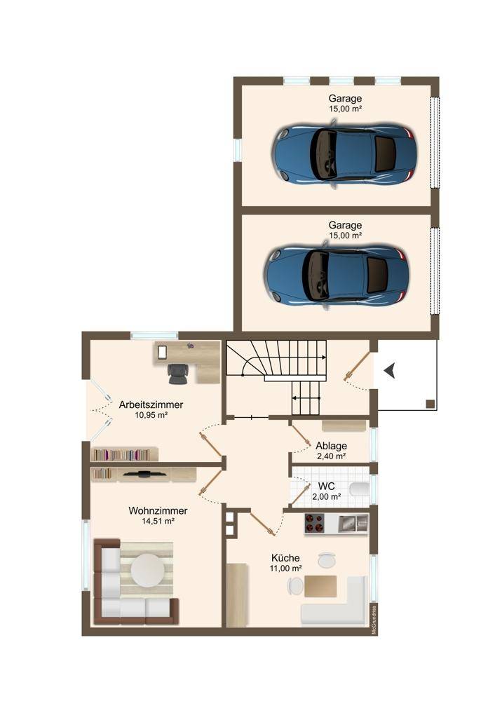 Grundriss des Erdgeschosses mit Wohnzimmer, Küche, Arbeitszimmer und zwei Garagen.