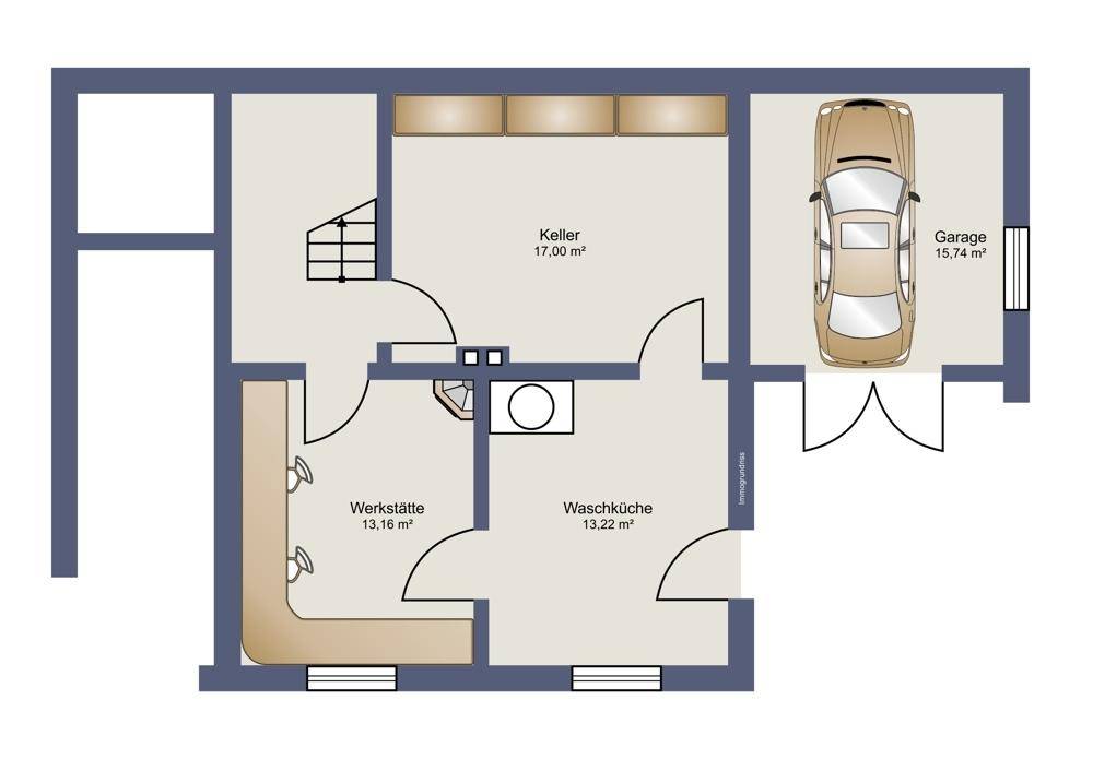Grundriss des Untergeschosses mit Keller, Waschküche, Werkstatt und Garage.