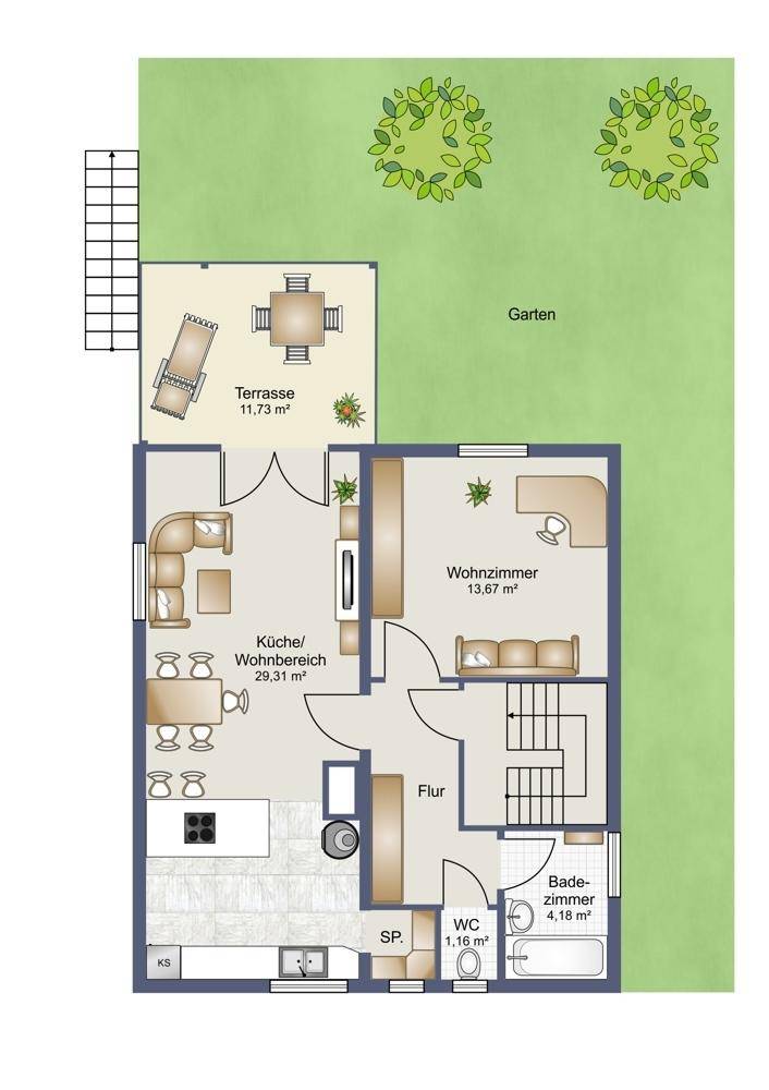 Grundriss des Erdgeschosses mit offener Küche, Wohnbereich, Terrasse und Garten.