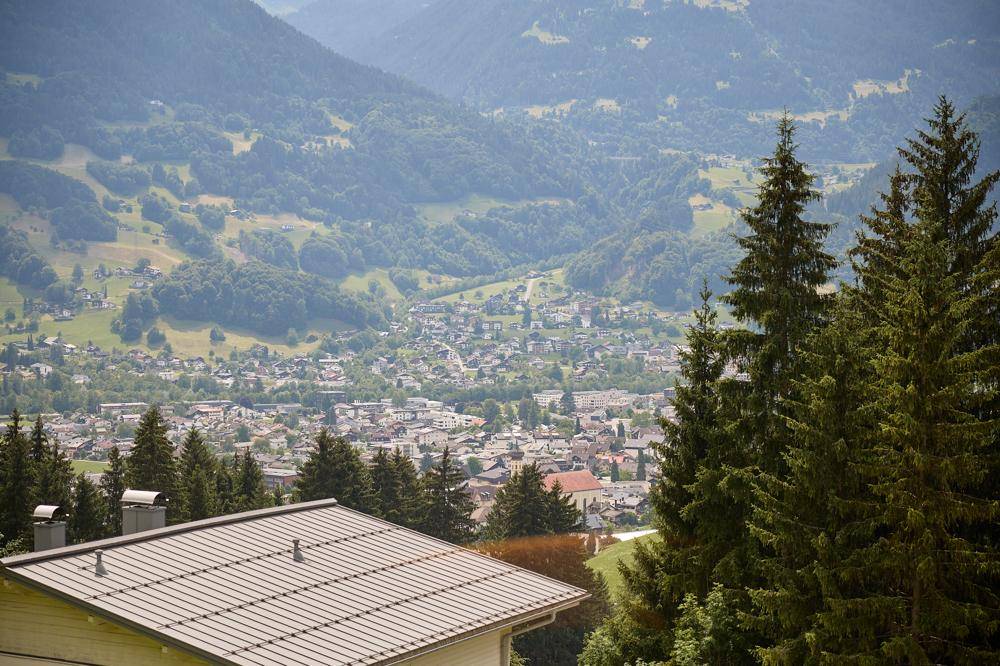 Blick von oben auf eine Stadt im Tal mit Bergen im Dunst und hohen Nadelbäumen im Vordergrund.