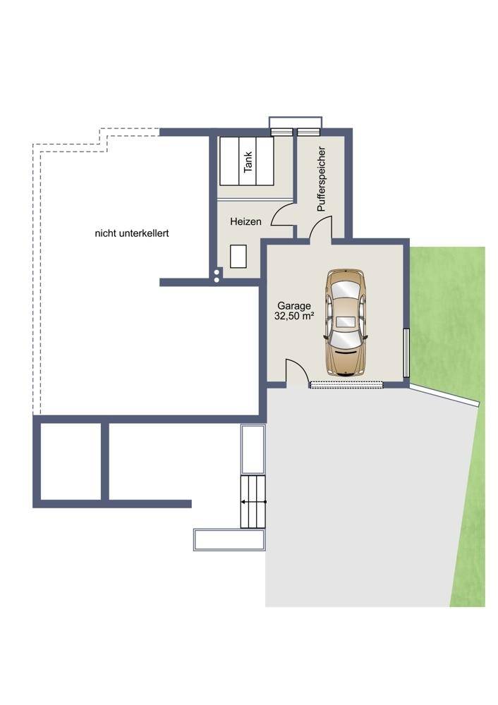 Grundriss des Untergeschosses mit Garage, Heizraum und einem nicht unterkellerten Bereich.