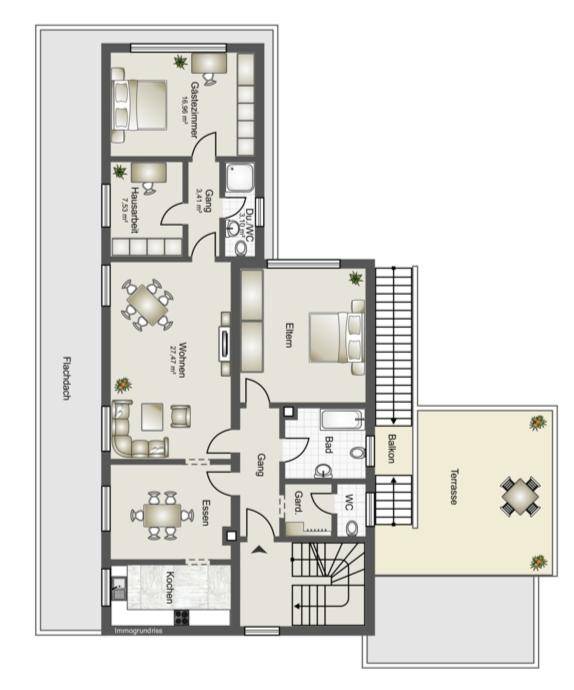 Grundriss der unteren Etage mit Wohnzimmer, Essbereich, Küche und Terrasse.