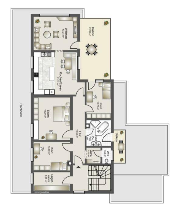 Grundriss der oberen Etage mit Wohnzimmer, Küche, Schlafzimmern und Balkonen.