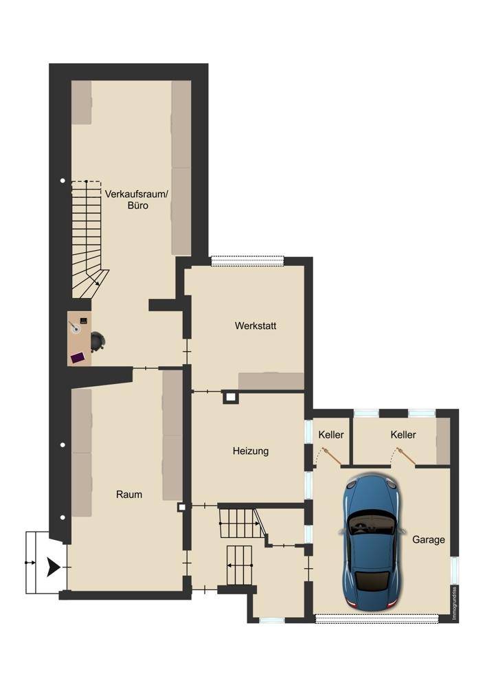Detaillierter Grundriss mit Büro, Werkstatt, Heizungsraum, Keller und Garage.